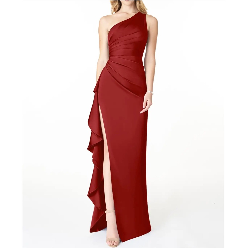 NWT Azazie Mika Stretch Satin Dress Sz A8 Red Pomegranate One Shoulder Gown